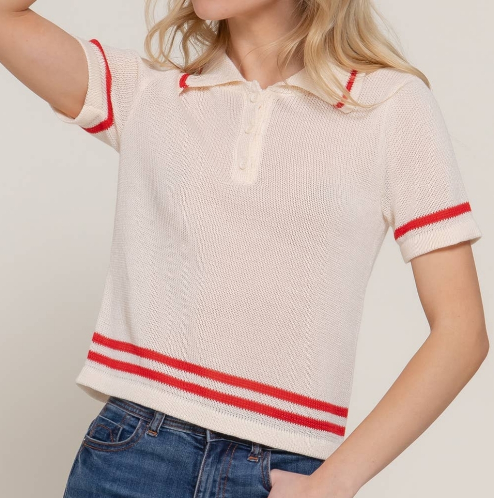 Stylish Cream and Red Women's Polo Top